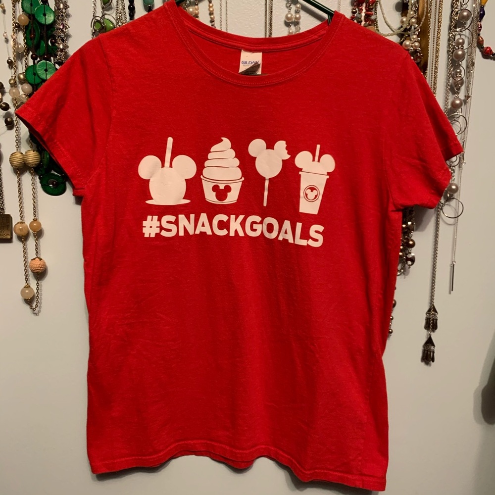 Snack Goals red t-shirt, large, Gildan brand